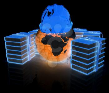 Earth in hard hat and books. 3d render. On a black background.