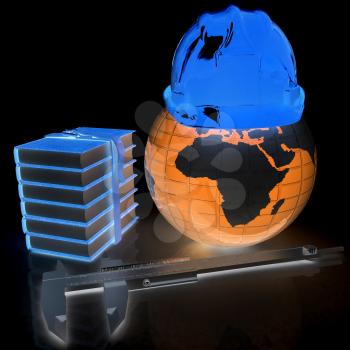 Earth in hard hat, calipers and books. 3d render. On a black background.