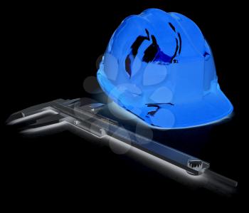 Hard hat and caliper. 3d render. On a black background.