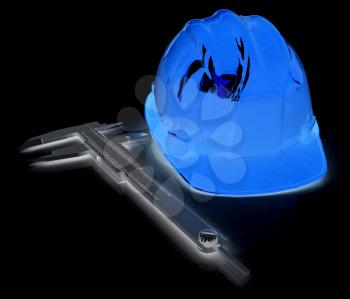 Hard hat and caliper. 3d render. On a black background.