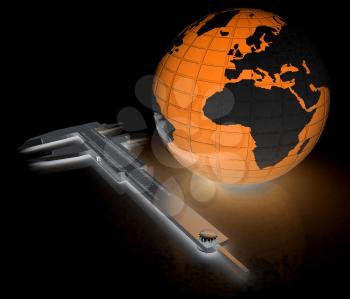Earth and caliper. 3d render. On a black background.