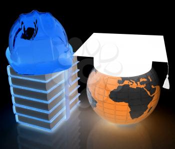 Earth, book, hard hat and graduation hat. Global edication and work concept. 3d render. On a black background.