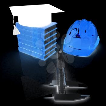 Hard hat, graduation hat, caliper and books. 3d render. On a black background.