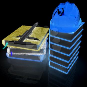 Classic tehnology concept with  hard hat on a leather books, trammel on a notebooks. 3d render. On a black background.