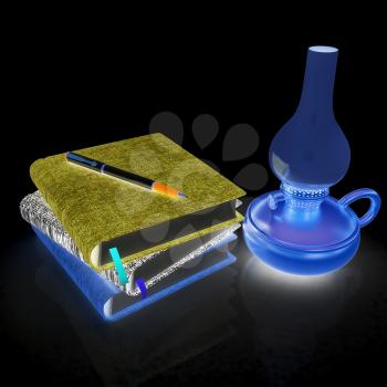 Classic scene with kerosene lamp with notebooks. 3d render. On a black background.