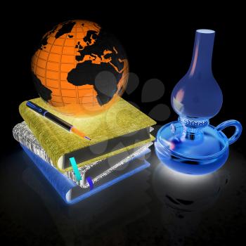 Classic global scene with Earth, kerosene lamp and notebooks. 3d render. On a black background.