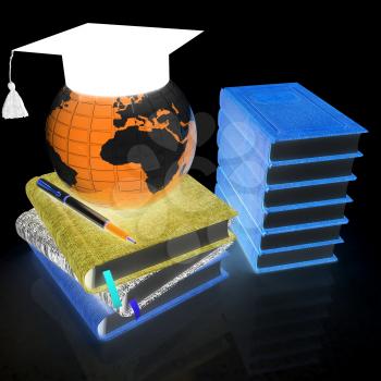 Global of Education concept with Earth, leather books, notebooks and graduation hat from above. 3d render. On a black background.