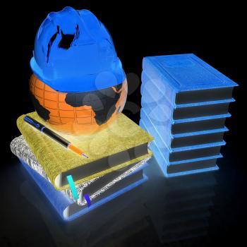 Global of working concept with Earth, leather books, notebooks and hard hat from above. 3d render. On a black background.