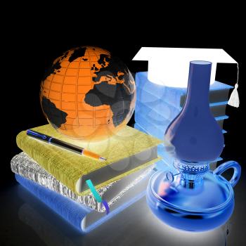 Learning concept with retro kerosene lamp, graduation hat, leather books and Earth. 3d render. On a black background.