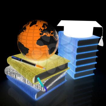 Learning concept with graduation hat, leather books and Earth. 3d render. On a black background.