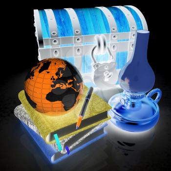 Classic global scene with Earth, kerosene lamp, chest and notebooks. 3d render. On a black background.