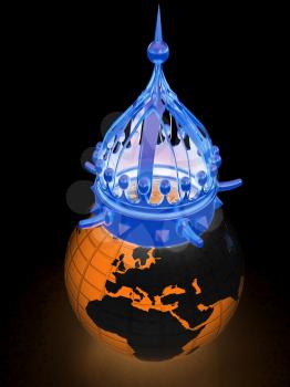 Worldwide championship concept with blue Earth. 3d render. On a black background.