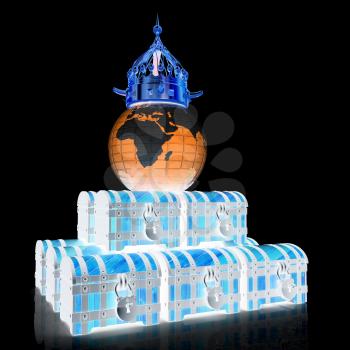 Worldwide championship business success or winner competition concept with blue Earth. 3d render. On a black background.