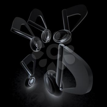 White metallic music notes. 3d render. On a black background.