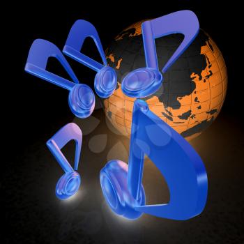 Earth and music notes around. 3d render. On a black background.
