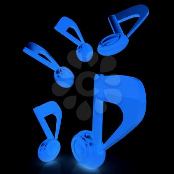 Yellow music notes. 3d render. On a black background.