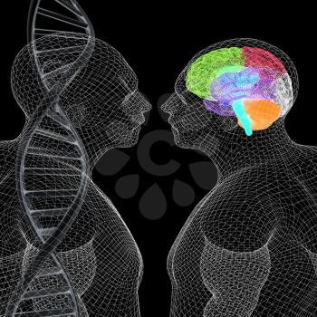 3D medical background with human, brain and DNA strands. 3d render. On a black background.