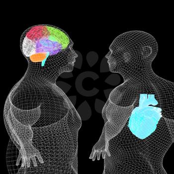 Wire human body model with heart and brain in x-ray. 3d render. On a black background.