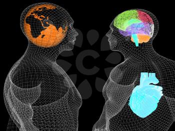 Wire human body model with heart and brain in x-ray. 3d render. Global medical concept with Earth. 3d render. On a black background.
