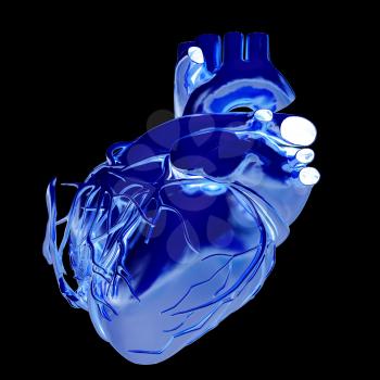 Golden anatomical heart. 3d render. On a black background.