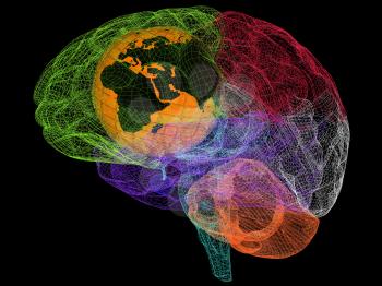 Earth in a brain. 3d render. On a black background.