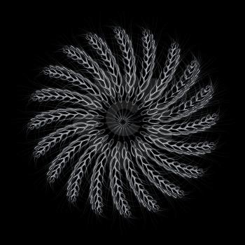 3D illustration of a metal wreath made of wheat spikelets. Design element. 3d render. On a black background.