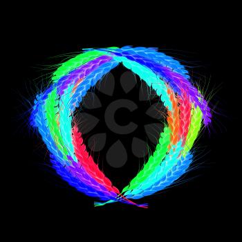 Colored Wheat ears logo. Mock up for you design. 3d render. On a black background.