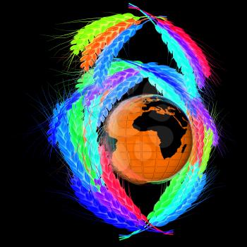 Colored Wheat ears logo design with Earth. 3d render. On a black background.
