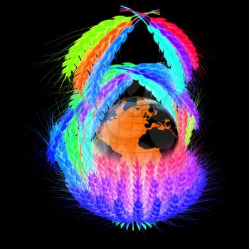 A colorful basket of wheat for Easter or Thanksgiving. Global concept with the earth ball inside. 3d render. On a black background.