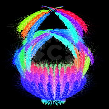A colorful basket of wheat for Easter or Thanksgiving. 3d render. On a black background.