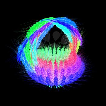 Colored basket of the ears of wheat. 3d render. On a black background.