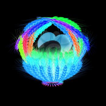 Colored basket of the ears of wheat with eggs. 3d render. On a black background.