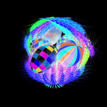 Colored basket of the ears of wheat with Easter eggs. 3d render. On a black background.
