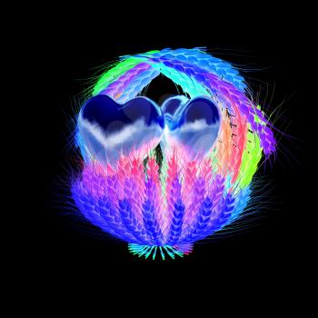 Heart in colored basket of the ears of wheat. Wedding concept. 3d render. On a black background.