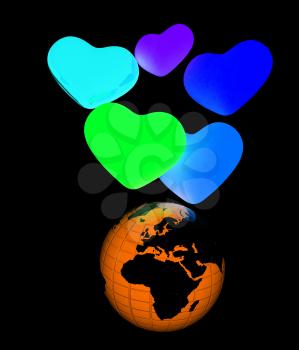 Colored hearts and Earth. 3d render. On a black background.