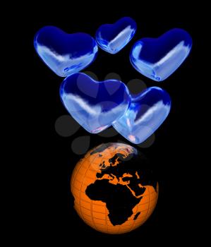 Golden hearts and Earth. 3d render. On a black background.