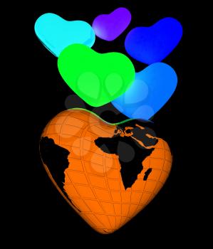 Colored hearts and Earth. 3d render. On a black background.