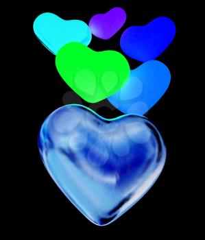 Colored hearts. 3d render. On a black background.
