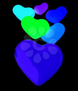 Colored hearts. 3d render. On a black background.
