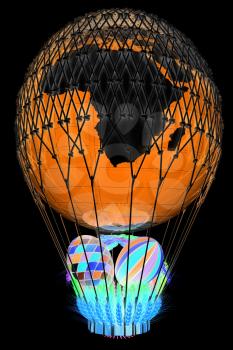 Hot Air Balloon of Earth with a basket of multicolored wheat and Easter eggs inside. 3d render. On a black background.