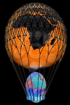 Hot Air Balloon of Earth with  Easter egg.  Global Easter concept. 3d render. On a black background.