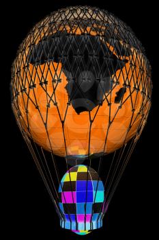 Hot Air Balloon of Earth with  Easter egg.  Global Easter concept. 3d render. On a black background.