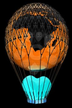 Hot Air Balloon of Earth with heart.  Global wedding concept. 3d render. On a black background.