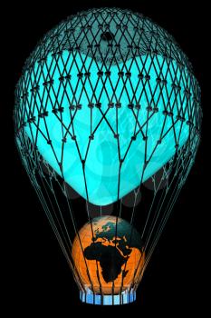 Hot Air Balloon of heart with Earth.  Global ecology concept. 3d render. On a black background.