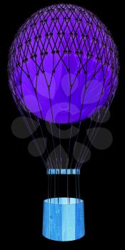 Hot Air Balloon and tulips in a basket. 3d render. On a black background.