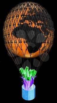Hot Air Balloon of Earth and tulips in a basket. 3d render. On a black background.