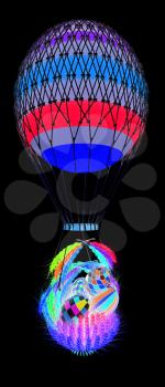 Hot Colored Air Balloon with a basket of multicolored wheat and Easter eggs inside. 3d render. On a black background.