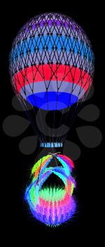 Hot Colored Air Balloon with a basket of multicolored wheat. 3d render. On a black background.