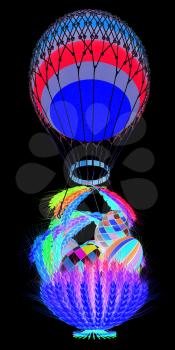 Hot Colored Air Balloon with a basket of multicolored wheat and Easter eggs inside. 3d render. On a black background.