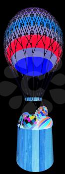 Hot Colored Air Balloon with a basket and Easter eggs inside. 3d render. On a black background.